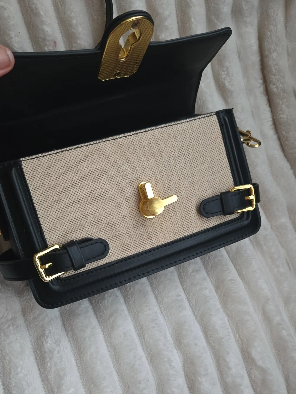 Black & Cream Structured Crossbody Bag with Gold Hardware